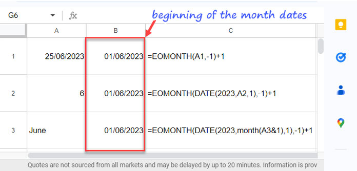 EOMONTH function examples calculating start-of-month dates