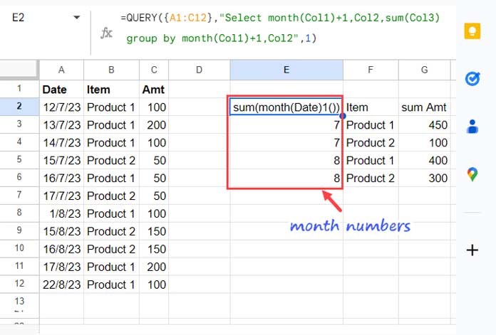 QUERY formula example: Grouping by month number