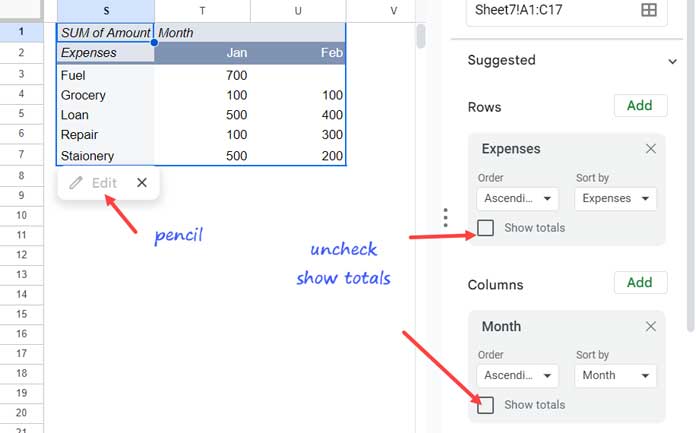 Removing grand totals from the duplicate pivot table in Google Sheets