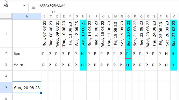 Example of INDEX MATCH in every 7th column (Sunday column)