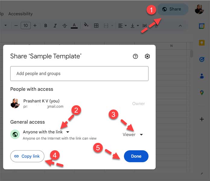 Steps to share a Google Sheets file in template mode.
