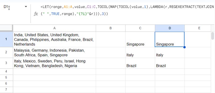 Extract Multiple Words in Google Sheets Using Lambda-Based REGEXEXTRACT