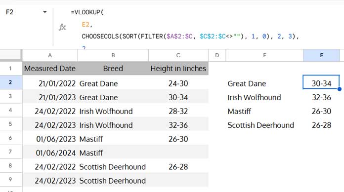 Example showing how to get the latest non-blank value by date in Google Sheets using a formula