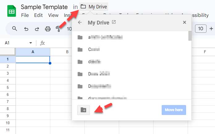 Selecting a folder or creating a new folder in Google Sheets.