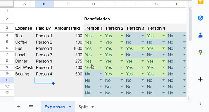 Split Group Expenses in Google Sheets: Input