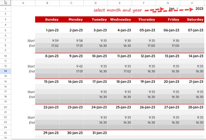 Calendar View of Employee In/Out Time in Google Sheets