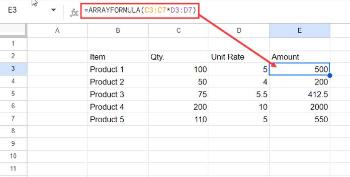 Array Formula Basic Examples in Google Sheets