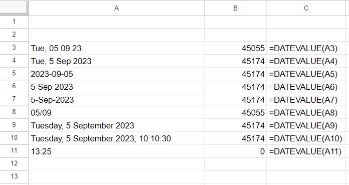 Examples of formulas using the DATEVALUE function in Google Sheets