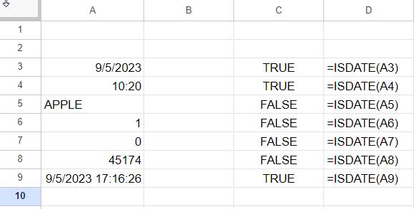 Examples of comparing ISDATE with DATEVALUE in Google Sheets