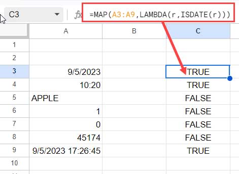 DATEVALUE function in Google Sheets as an alternative to ISDATE + MAP