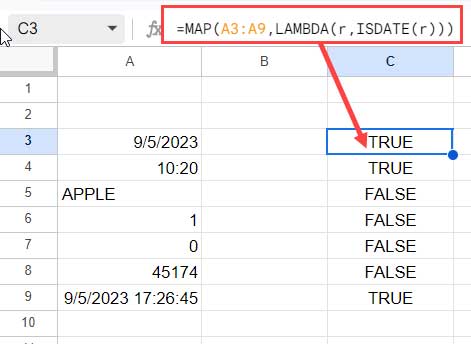 Example of ISDATE with MAP and LAMBDA in Google Sheets