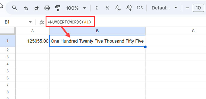 Custom Google Sheets named function to convert numbers to words.