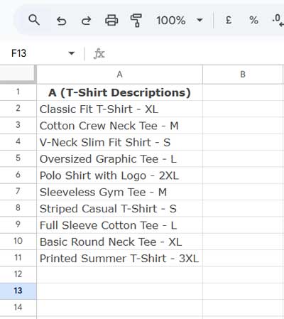 Sample data of T-shirts with different sizes in Google Sheets