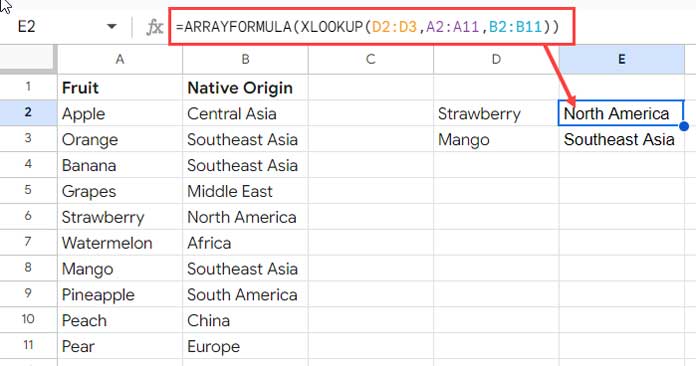 Using XLOOKUP function with the ARRAYFORMULA function in Google Sheets