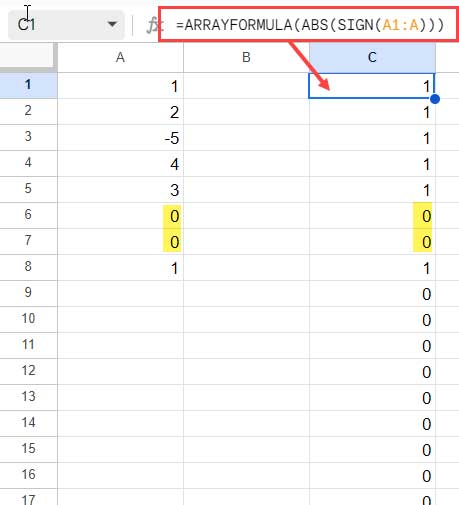 ABS and SIGN functions to replace an OR logical test in Google Sheets