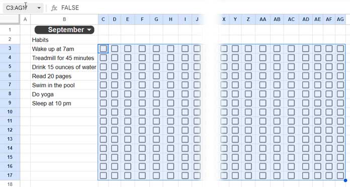 Checkboxes in a habit tracker with dummy tasks or habits