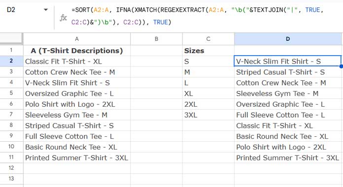 Example of sorting data by partial match in Google Sheets using a formula with REGEXEXTRACT, XMATCH, and SORT