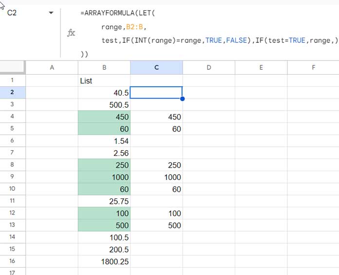 Extracting Whole Numbers in Google Sheets
