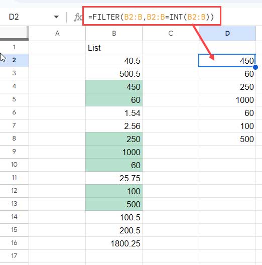 Filter Integers in Google Sheets with FILTER Function