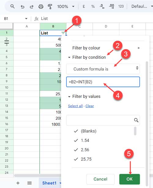 Filter Integers in Google Sheets with FILTER Menu (Create a Filter)