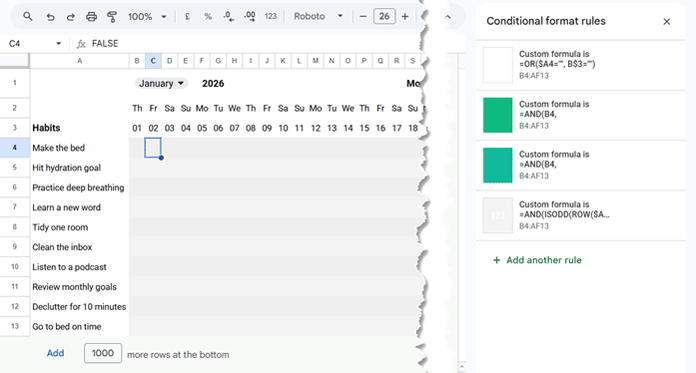 Google Sheets habit tracker with conditional formatting that turns checkboxes into colored cells