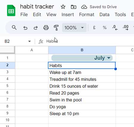 Drop-down menu for selecting the current month in a habit tracker