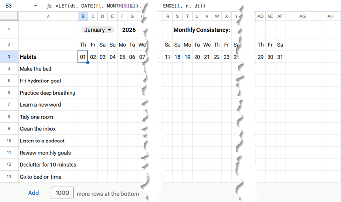 Dynamic calendar header in a Google Sheets habit tracker showing weekdays and dates