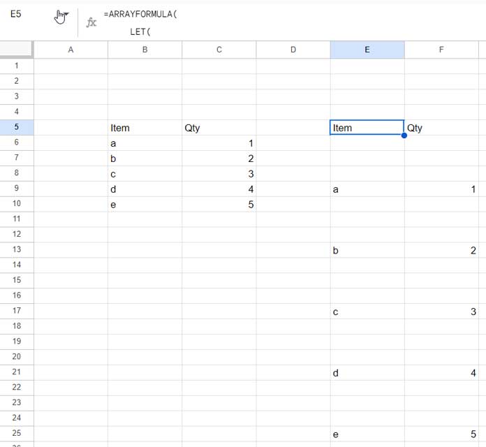 Insert 3 blank rows after every other row in Google Sheets (2 columns).