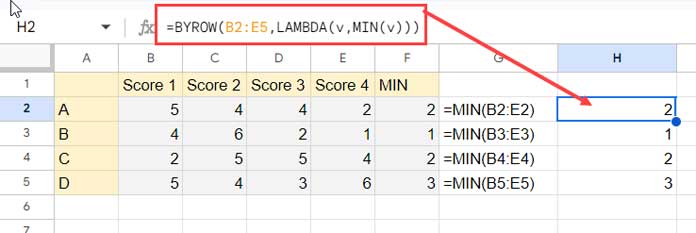Lambda Formula: BYROW with MIN in Google Sheets