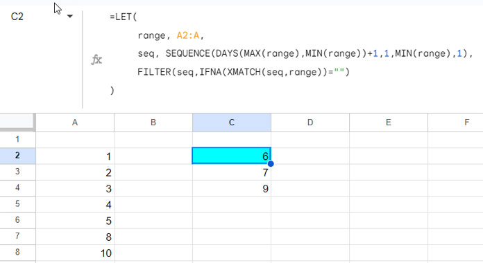 Formula to Find Missing Sequential Numbers in Google Sheets