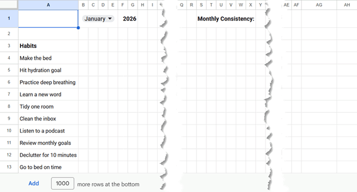 Month selector, year field, and sample habits in a Google Sheets habit tracker