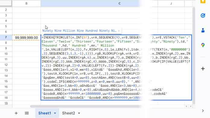 Screenshot of a Google Sheets formula to convert numbers to words.