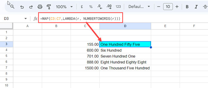 Array formula in Google Sheets to convert numbers to words for multiple cells at once.