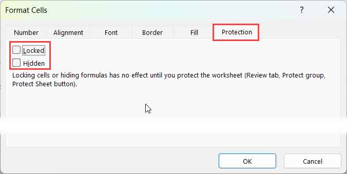 Protection tab in the Excel Format Cells dialog box.