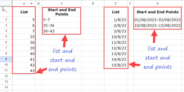 Formula to Return the Start and End Points from a List in Google Sheets