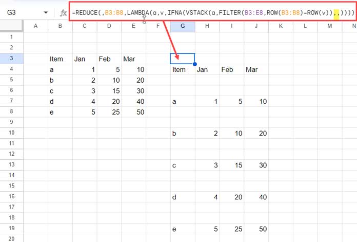 REDUCE formula to insert blank rows in Google Sheets.