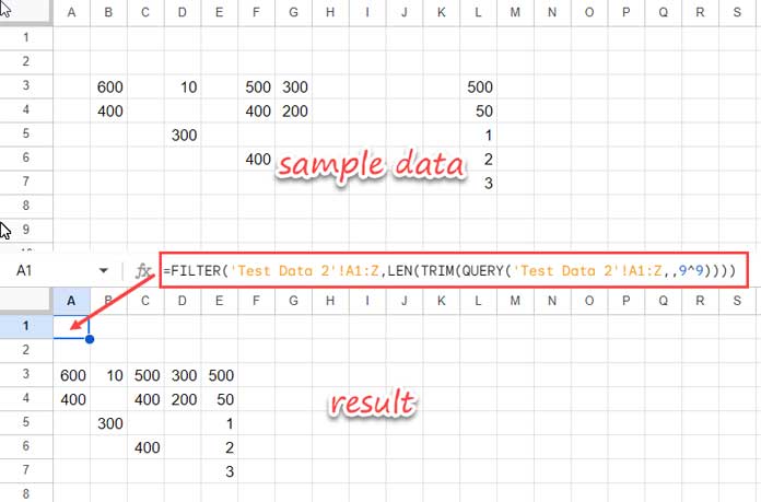 Sample data without a header row, ready for filtering in Google Sheets