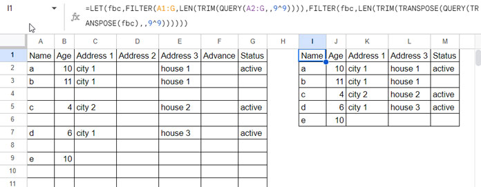 Google Sheets FILTER function being used to filter out blank rows and columns