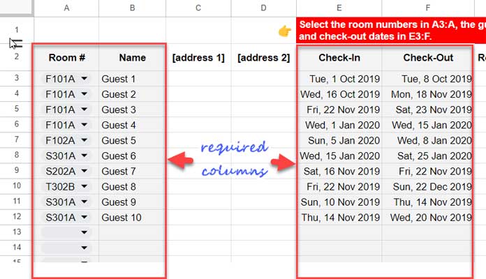 Input area in the Reservations sheet