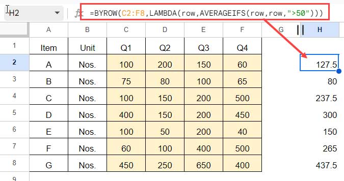 Conditional Row-by-row average using BYROW in Google Sheets