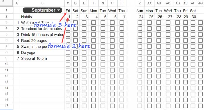 Formulas 1 to 3 for creating a habit tracker in Google Sheets, showing the results of the formulas