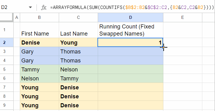 Non-array formula that fixes swapped first and last names in running count in Google Sheets.