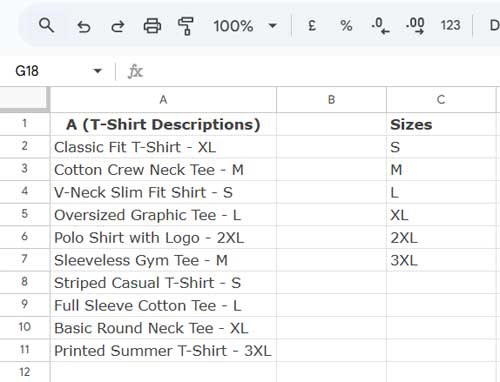 Sample data of T-shirt sizes for partial match and sorting in Google Sheets