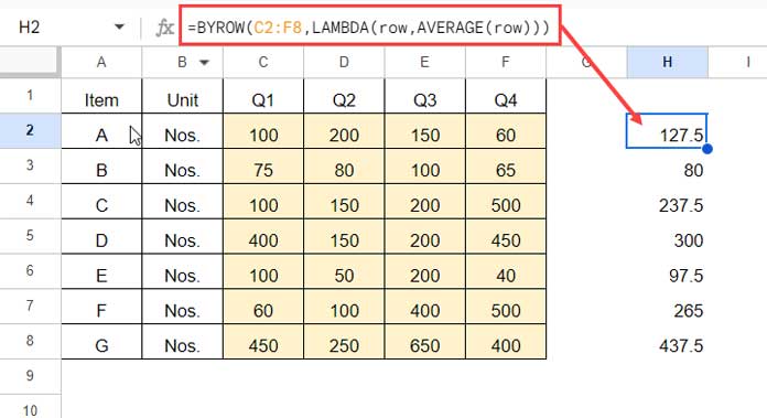 Row-by-row average using BYROW in Google Sheets