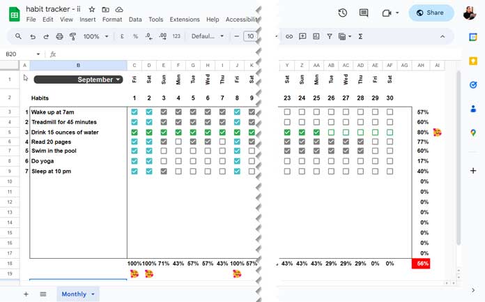 Google Sheets habit tracker template with example habits and check marks.