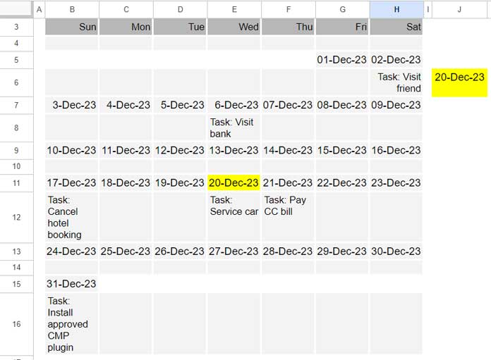 Vue du calendrier et recherche par date sur Google Sheets