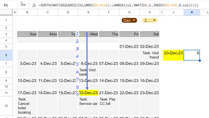 Example of using XMATCH to search for a value in multiple columns.