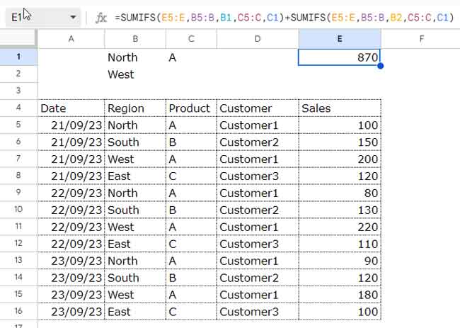Example of Nested SUMIFS Formula in Google Sheets