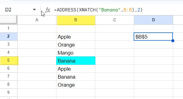 Using the ADDRESS Function with XMATCH in Google Sheets to Return Cell Addresses