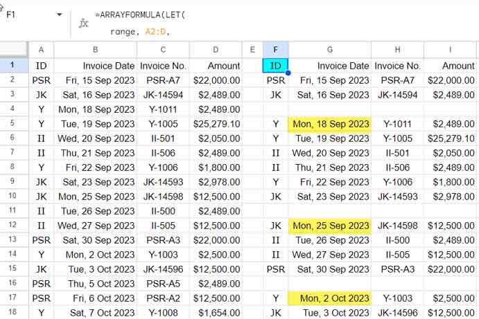 Image of a Google Sheets spreadsheet with blank rows inserted to separate week starts or ends.